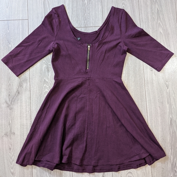 Express 3/4 Sleeve Scoop Back Skater Dress in Eggplant - Picture 2 of 4
